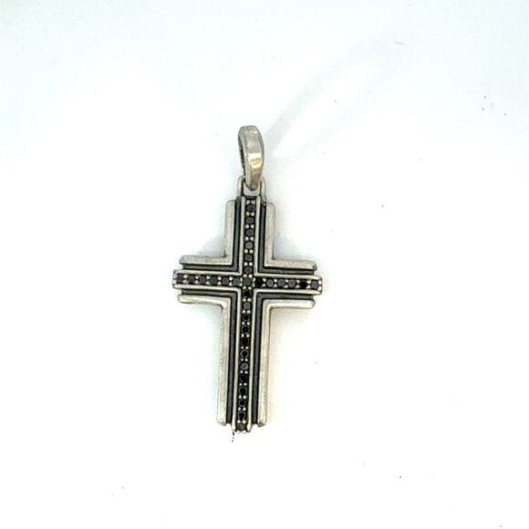 David Yurman Black Diamond Cross Pendant Sterling Silver Estate DY627 - Picture 1 of 6